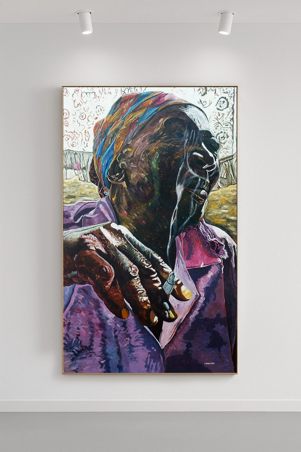 Grandmother or old lady portrayed in a scene by a window with her face hallway covered by cigarette smoke, painted by Neil Louw.