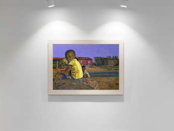Boys sitting on a dusty sidewalk in bright winter daylight.