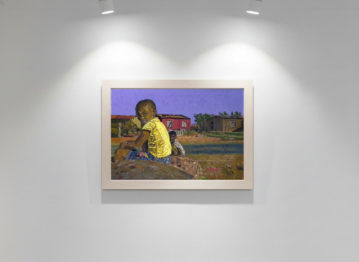 Boys sitting on a dusty sidewalk in bright winter daylight.