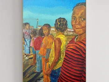 Township children playing in a the street scene. A nostalgic South African scene.