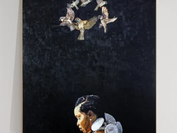 African woman with five birds flying above her head, symbolic of ancestral spiritual visitation.