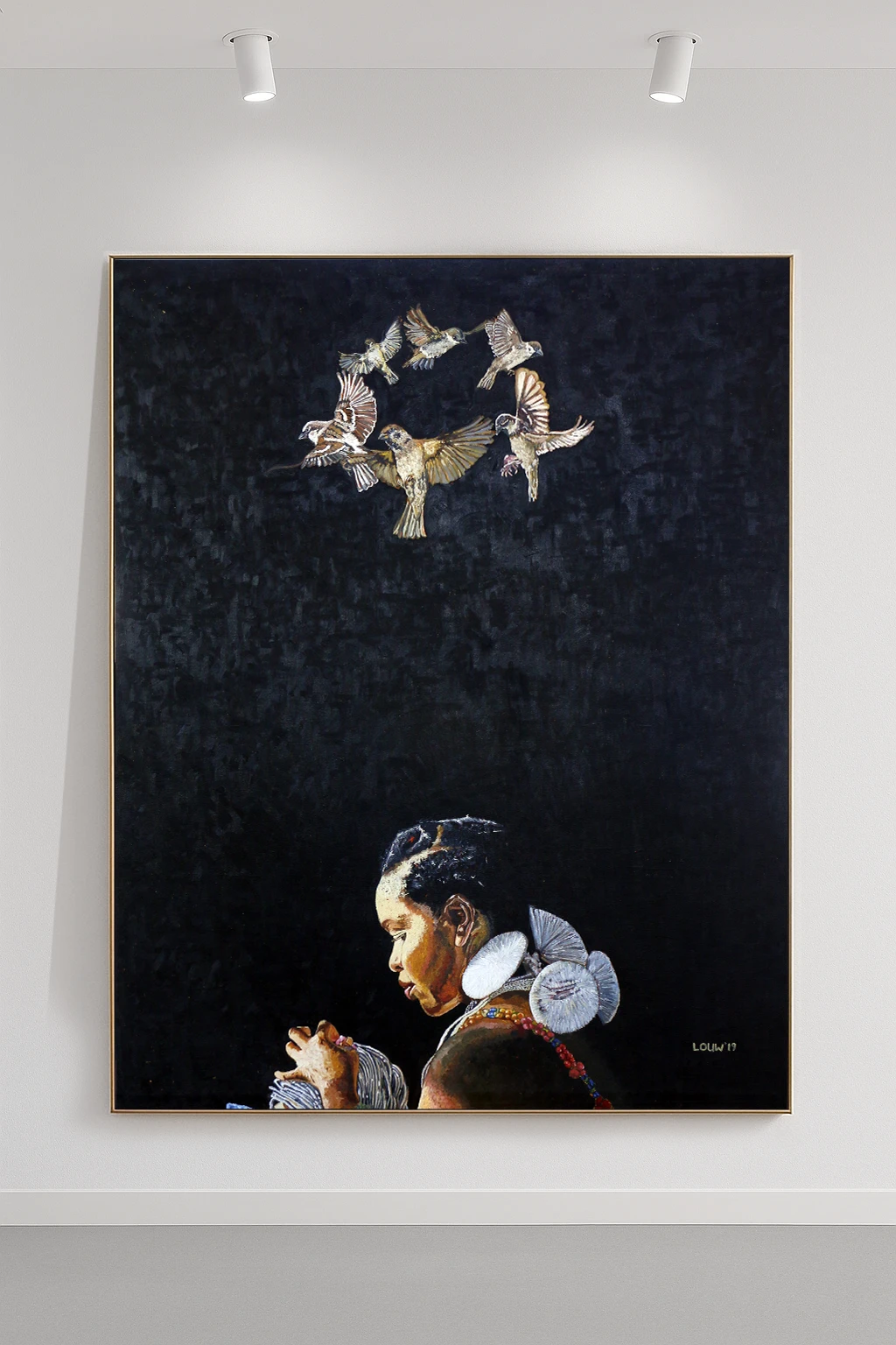 African woman with five birds flying above her head, symbolic of ancestral spiritual visitation.