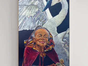 Elderly African woman with white swan in surreal portrait- expressive warmth.