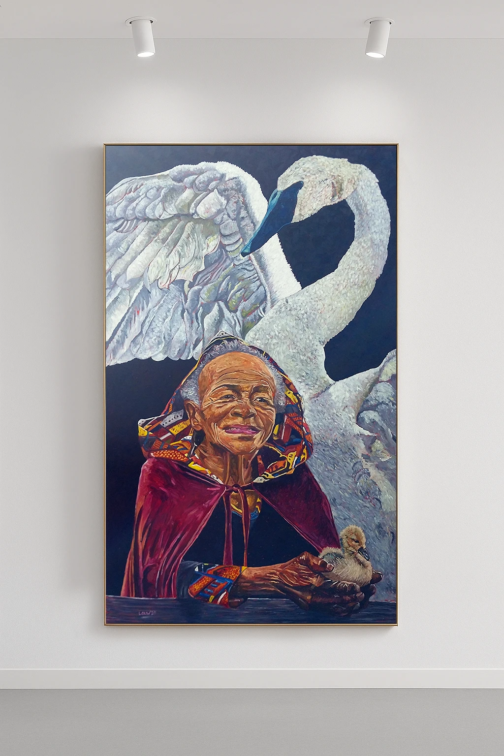 Elderly African woman with white swan in surreal portrait- expressive warmth.