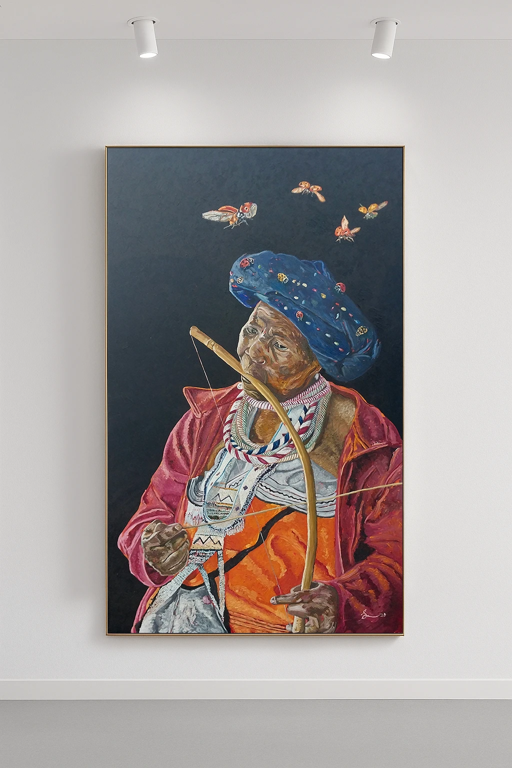 Elderly African woman with butterflies above her head in surreal setting.