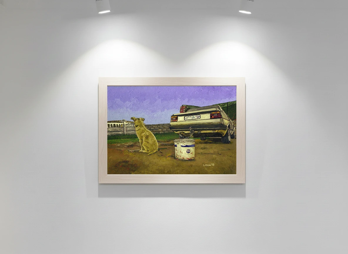 Dog resting alone, whilst staring into the distance outside a township backyard.