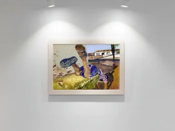 Boy lying on a steps playing scuba diver.