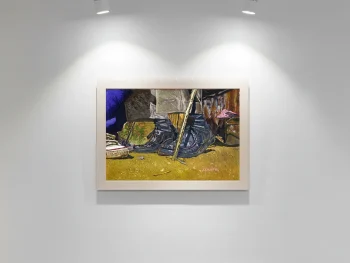 Man’s leather shoes beside child’s canvas sneaker in township setting.