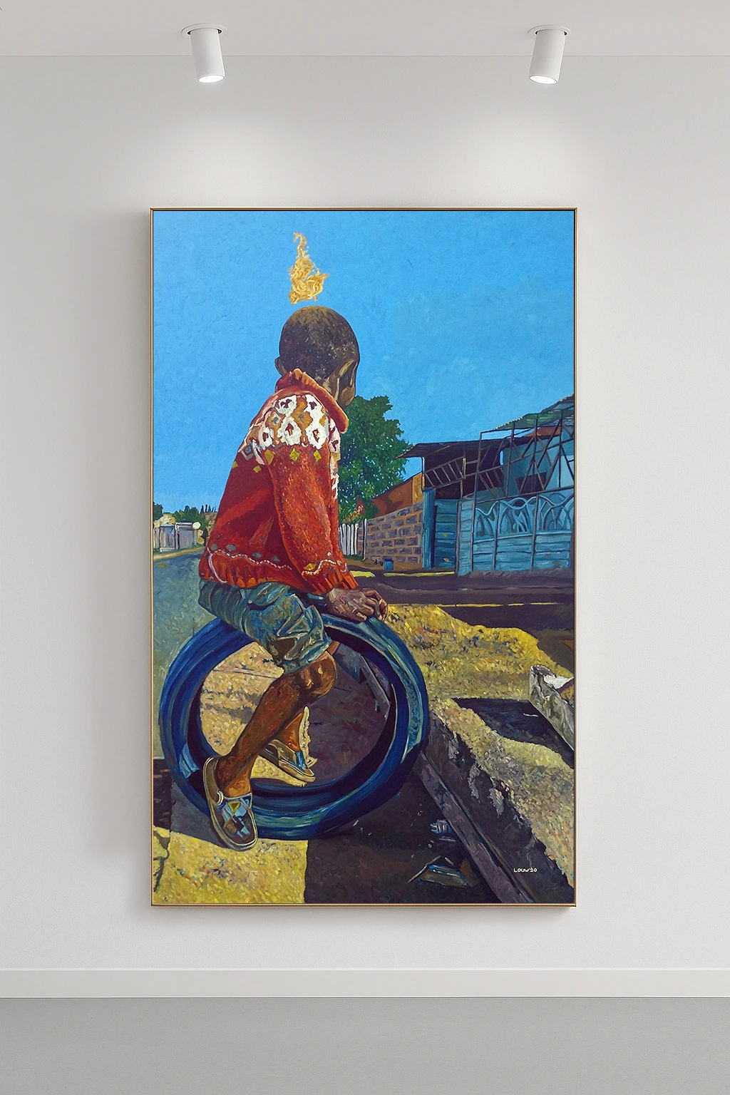 A child sitting on a car tyre by a street drain in a South African township – artwork.