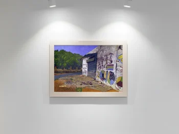 Closed corner shop decorated with territory graffiti