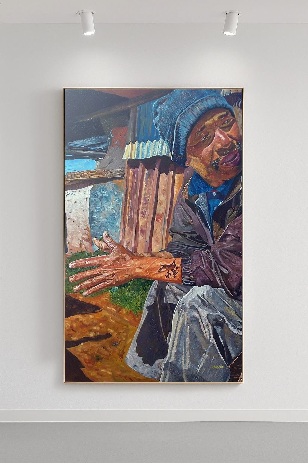 This is a portrait of a Khoisan elder in an outdoor scene or township environment.