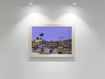 Children’s bicycle piercing through zinc rooftops in a dense township setting.