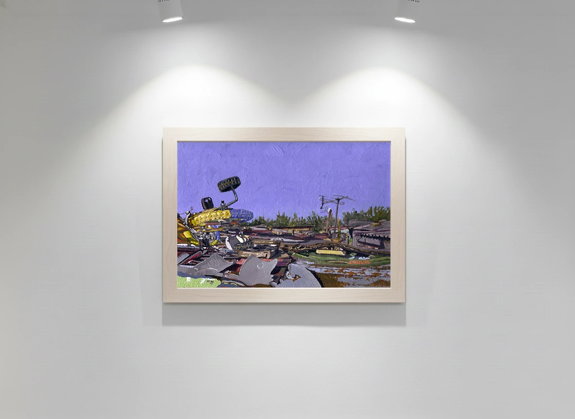 Children’s bicycle piercing through zinc rooftops in a dense township setting.