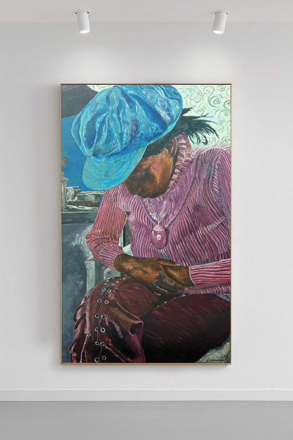 An African woman, in an old kitchen, with her face down -in quiet prayer.