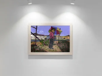 Khoisan girl holding umbrella in an unattended garden.