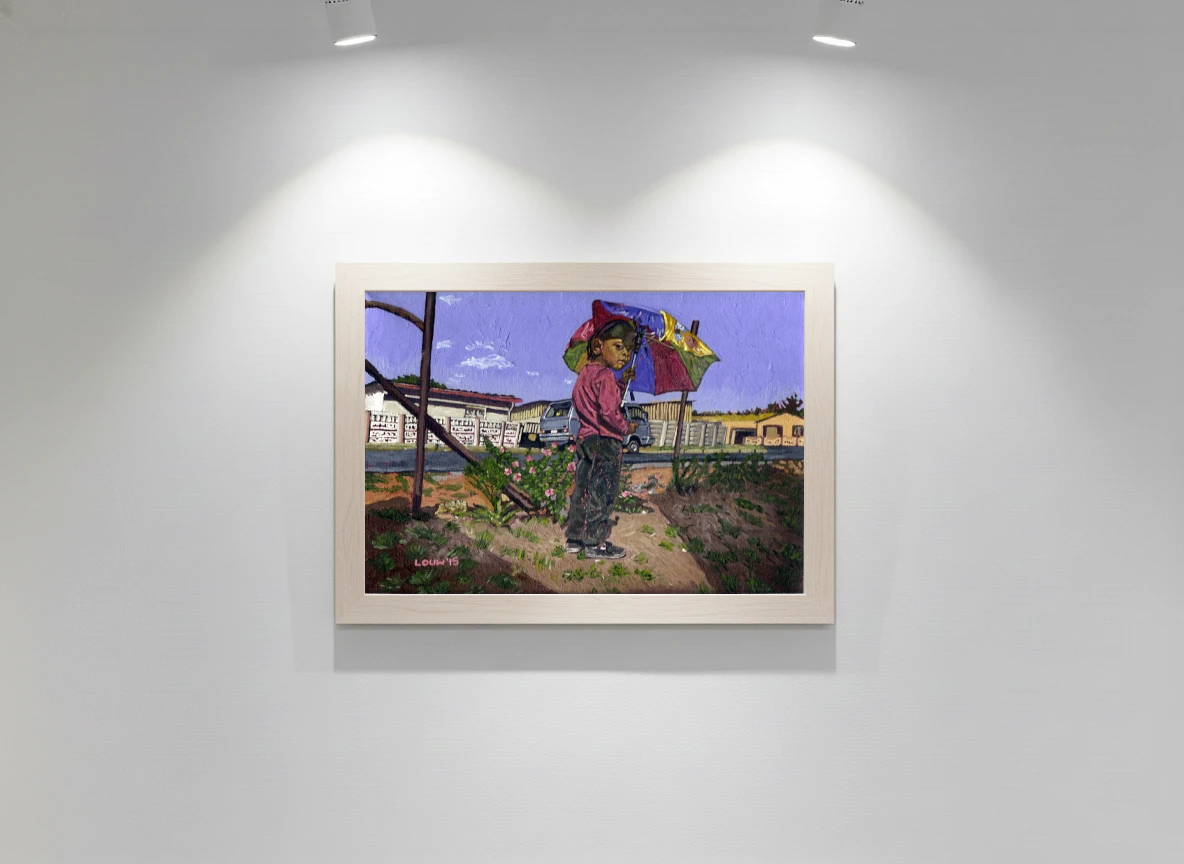 Khoisan girl holding umbrella in an unattended garden.