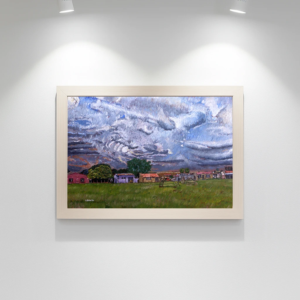 African park landscape beneath heavy, roaring grey clouds.