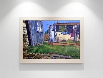 African woman walking through a spacious township backyard with a dilapidated shack haunting old memories.