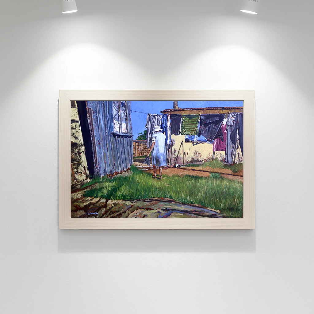 African woman walking through a spacious township backyard with a dilapidated shack haunting old memories.