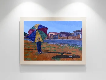 Bright umbrella in muted winter township environment.