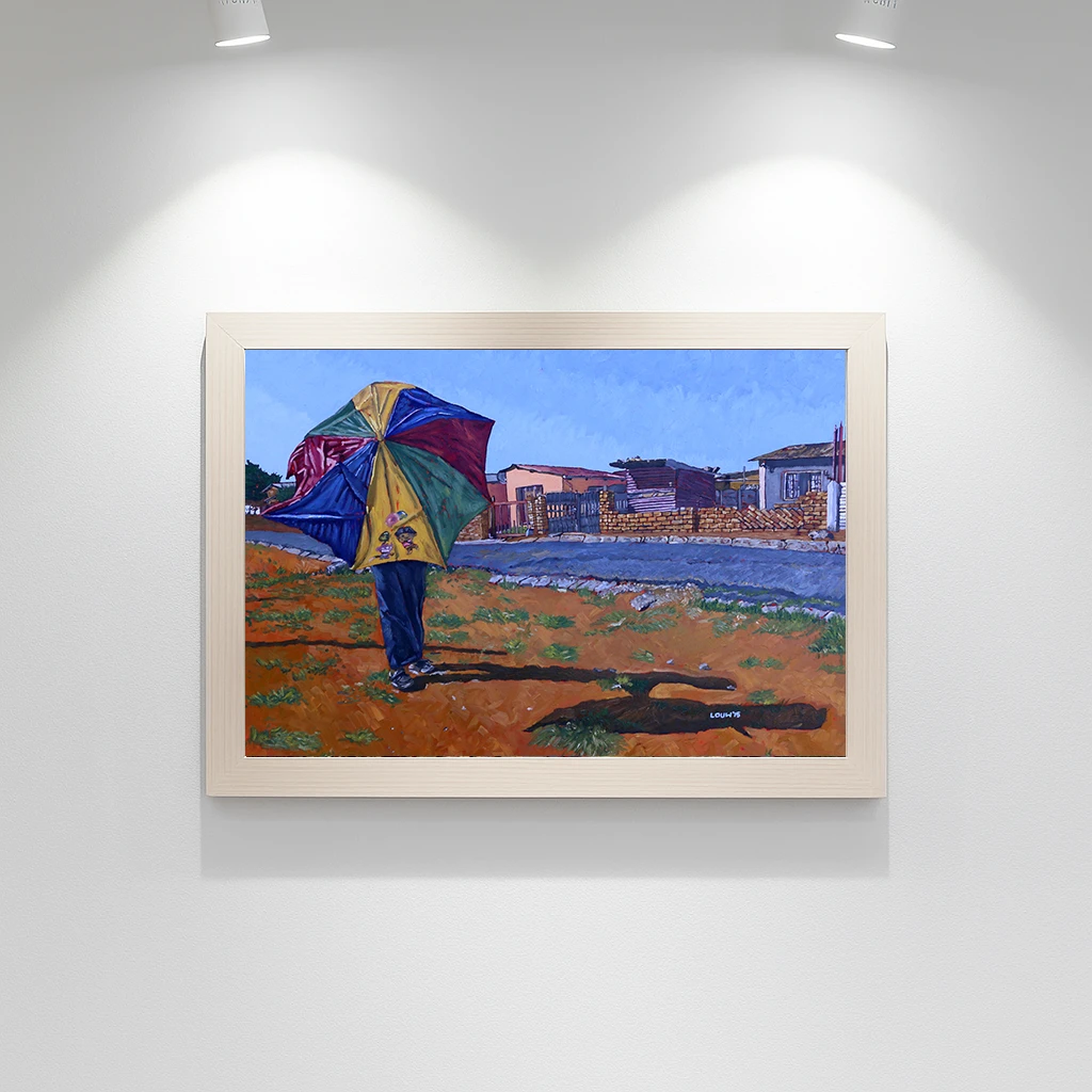 Bright umbrella in muted winter township environment.