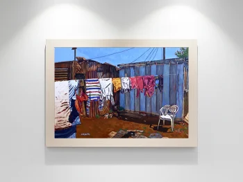 Clothes hanging on washing line during day time in a township backyard.