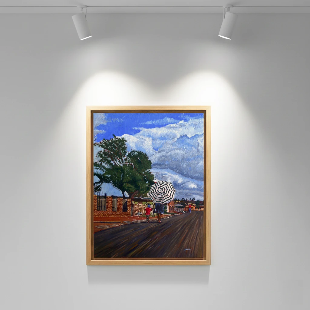 An African woman with a spider-pattern umbrella walking down the street with her young son beside her.