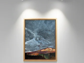 A chilled firmament above rippling iron sheet roof.