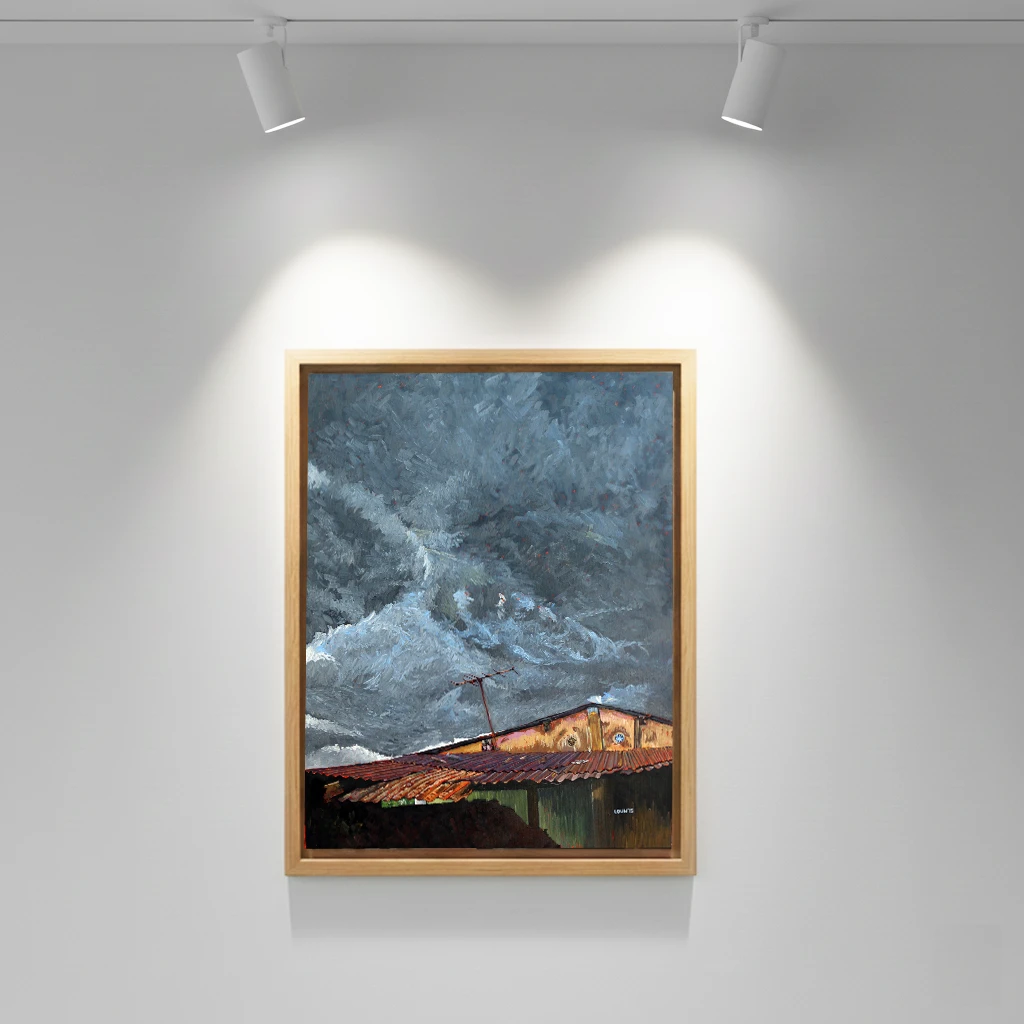 A chilled firmament above rippling iron sheet roof.