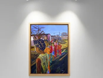 Children lined up in a township street scene with the referee and moderator in view.