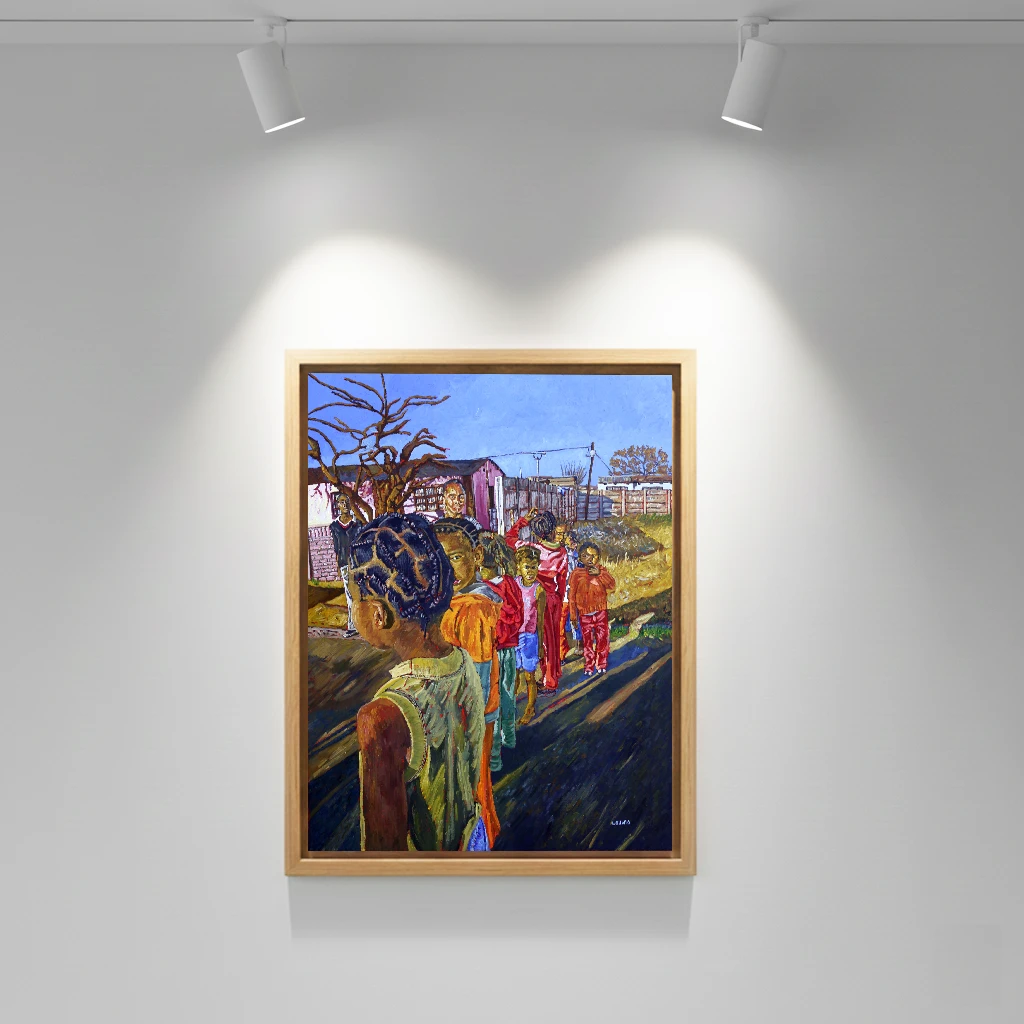 Children lined up in a township street scene with the referee and moderator in view.